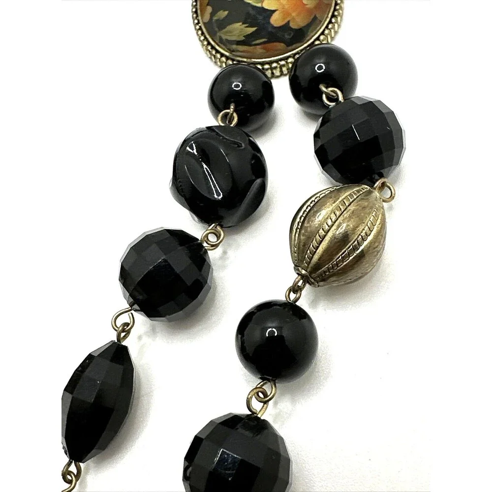 1928 Brand Black Gold Bead Necklace Faceted Floral Cabochon Ribbon Statement 24